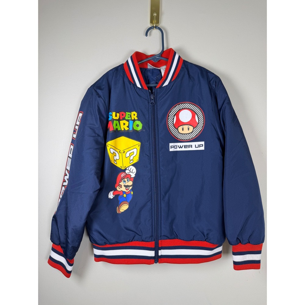Super Mario Bomber Jacket Boys Size 8 Admiral Navy Blue Graphic Full Zip